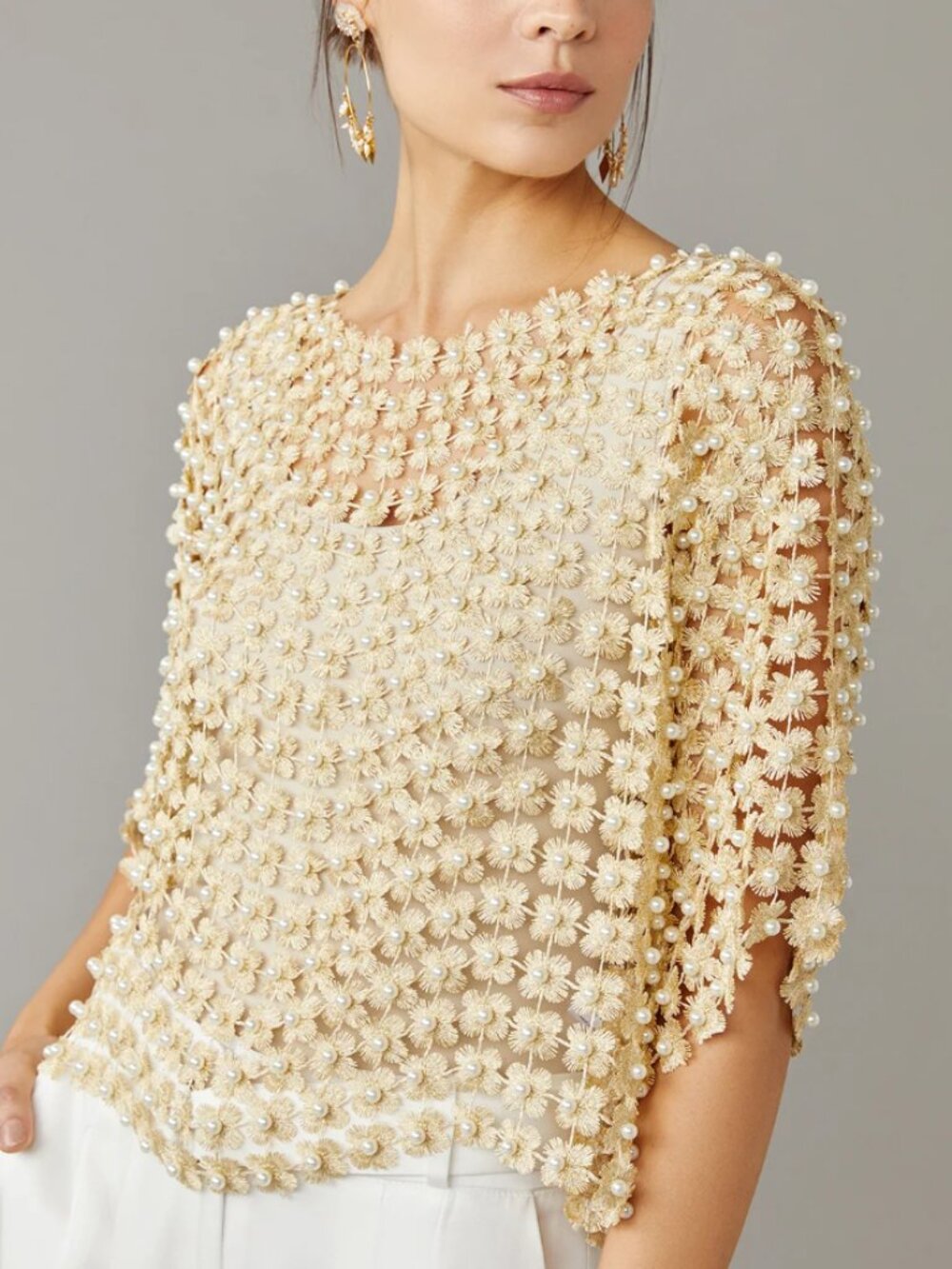 Luminary NWT Fine Collection Pearl Embellished Open Knit Crochet Top One Size